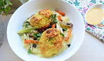 Croquettes de cabillaud, mayonnaise citron et polenta crémeuse aux petits légumes