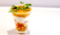 Mousse de fêta, tartare de pêche et pastèque à la menthe