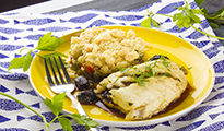 Poisson en cœur de tapenade & Crumble de légumes du soleil