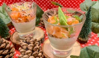 Panna cotta d'avocat, ceviche de saumon aux herbes